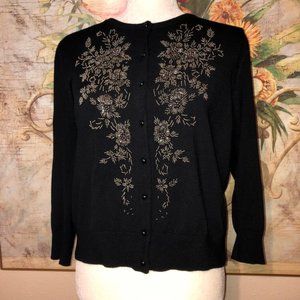 Sz L Spense Silver Beaded Floral Black Cardigan